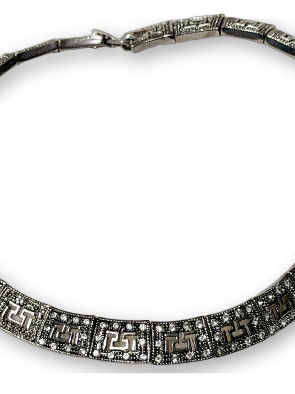 Silver Greek Key Link Collar Choker Rhinestone Borders